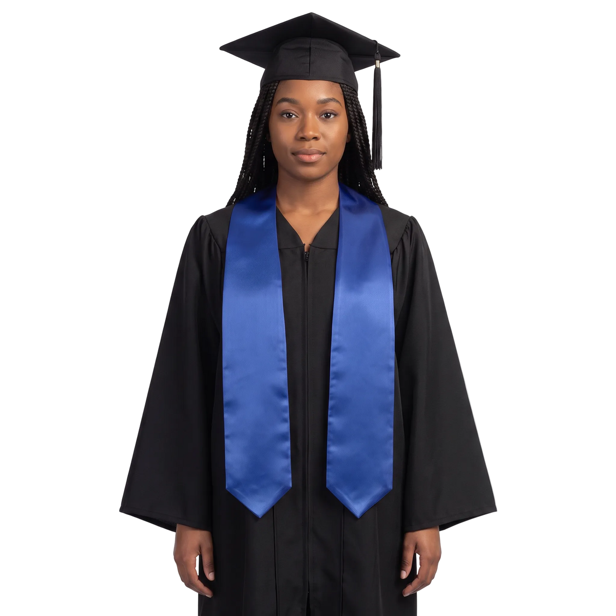 Plain royal blue graduation stole with a V-shaped neckline and pointed ends, shown against a white background.
