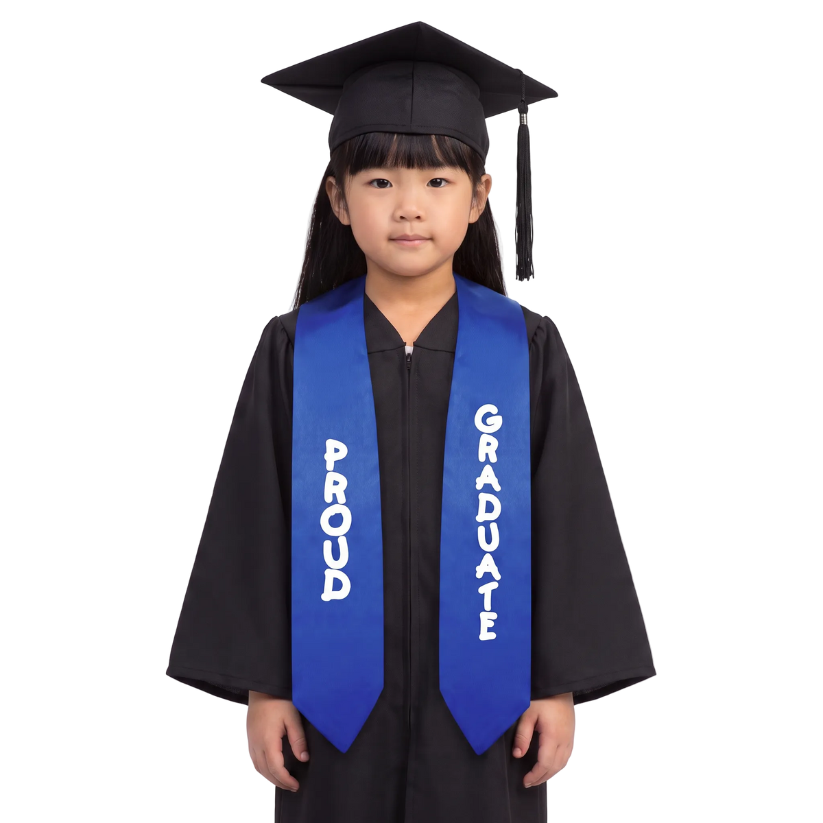 Royal blue preschool and kindergarten graduation stole with white PROUD GRADUATE lettering down opposite sides, a V-shaped neckline, and pointed ends.
