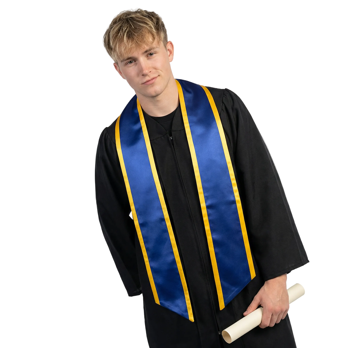Royal blue slanted graduation stole with gold trim and angled ends, shown against a white background.