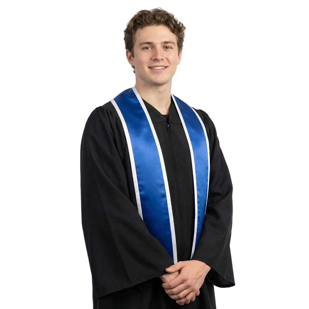 Royal blue slanted graduation stole with white trim and angled ends, shown against a white background.