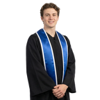 Royal blue slanted graduation stole with white trim and angled ends, shown against a white background.