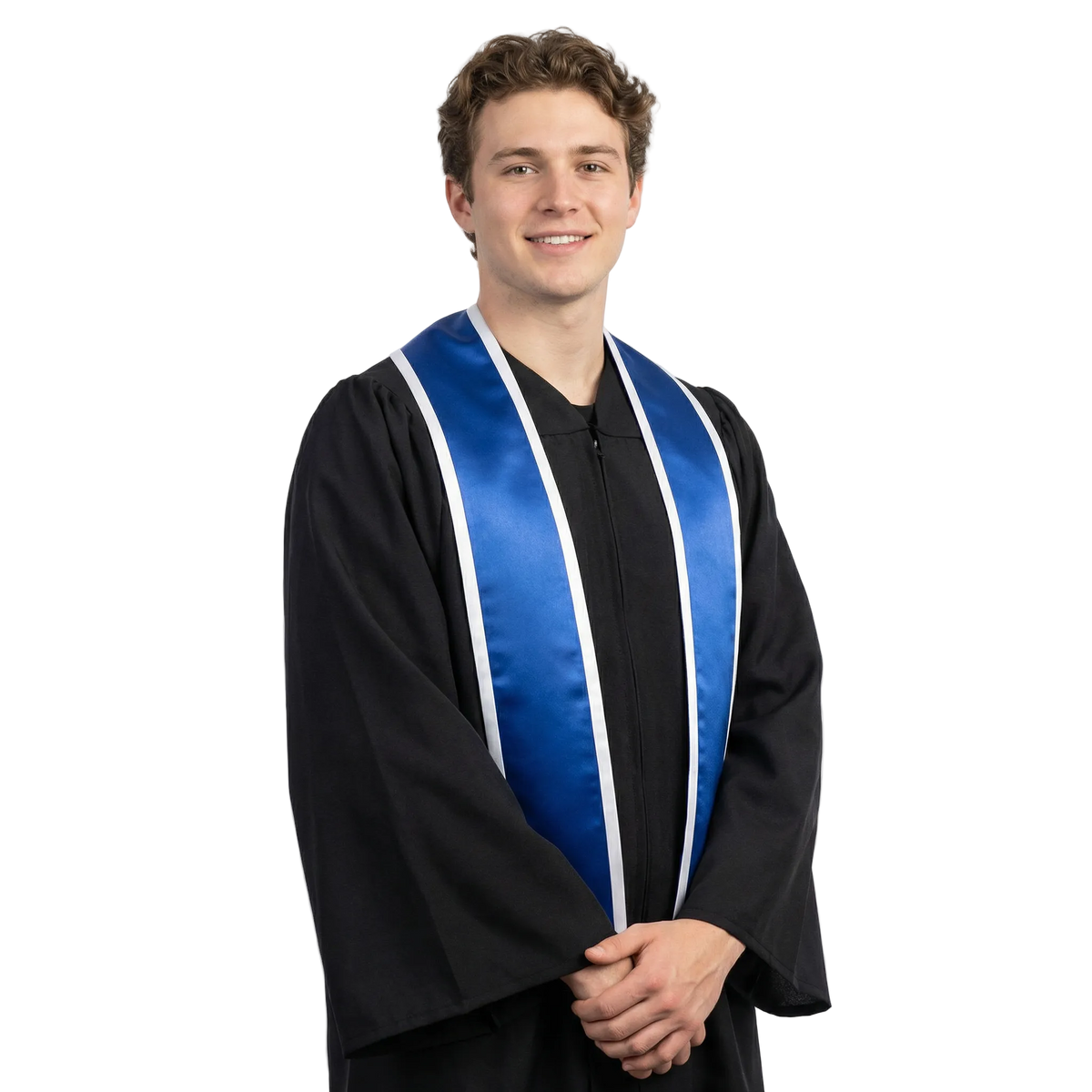 Royal blue slanted graduation stole with white trim and angled ends, shown against a white background.