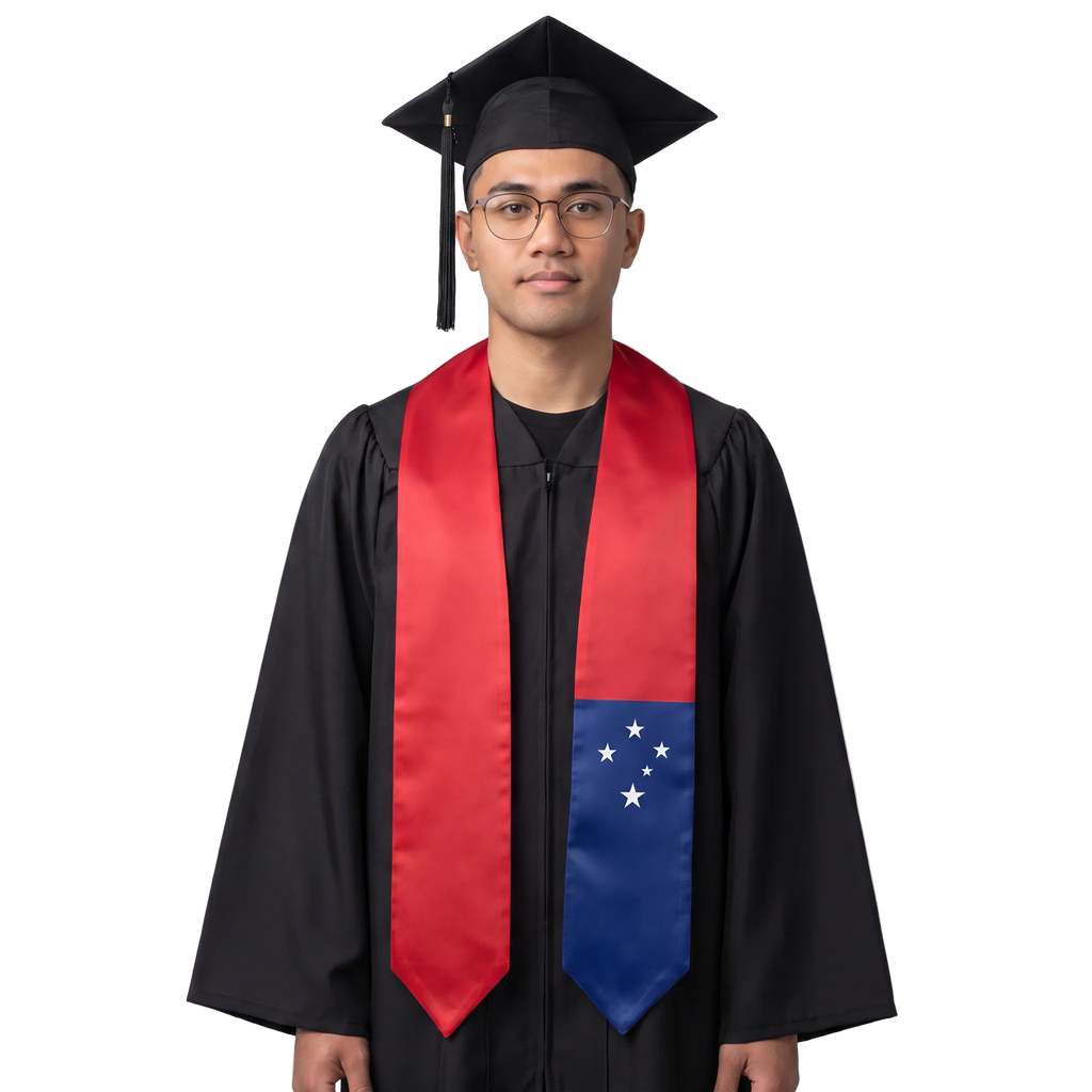 Samoa flag graduation stole with the Samoa flag design, worn as a graduation sash · 