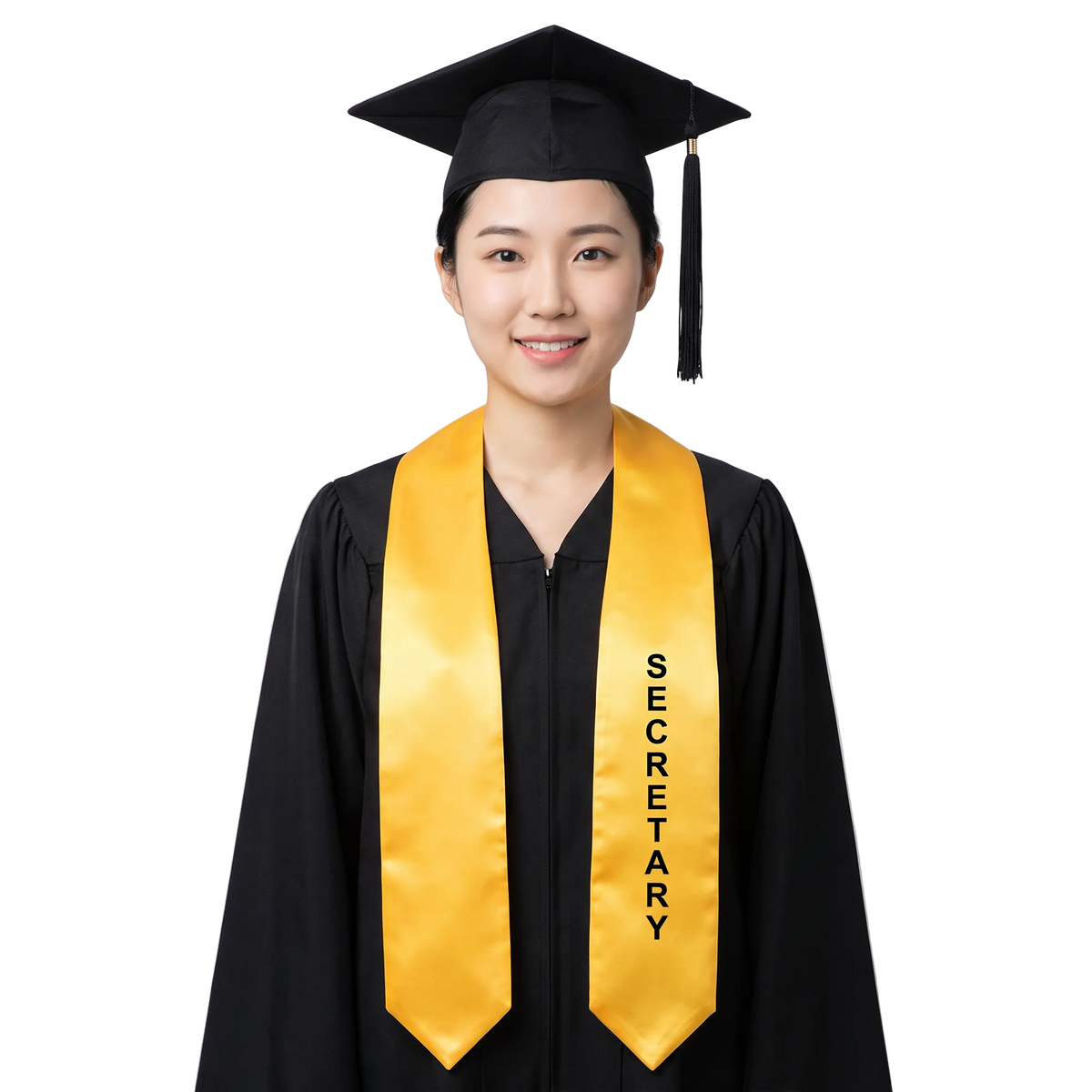 Gold Secretary class officer graduation stole with black vertical SECRETARY lettering on one side, a V-shaped neckline, and pointed ends.
