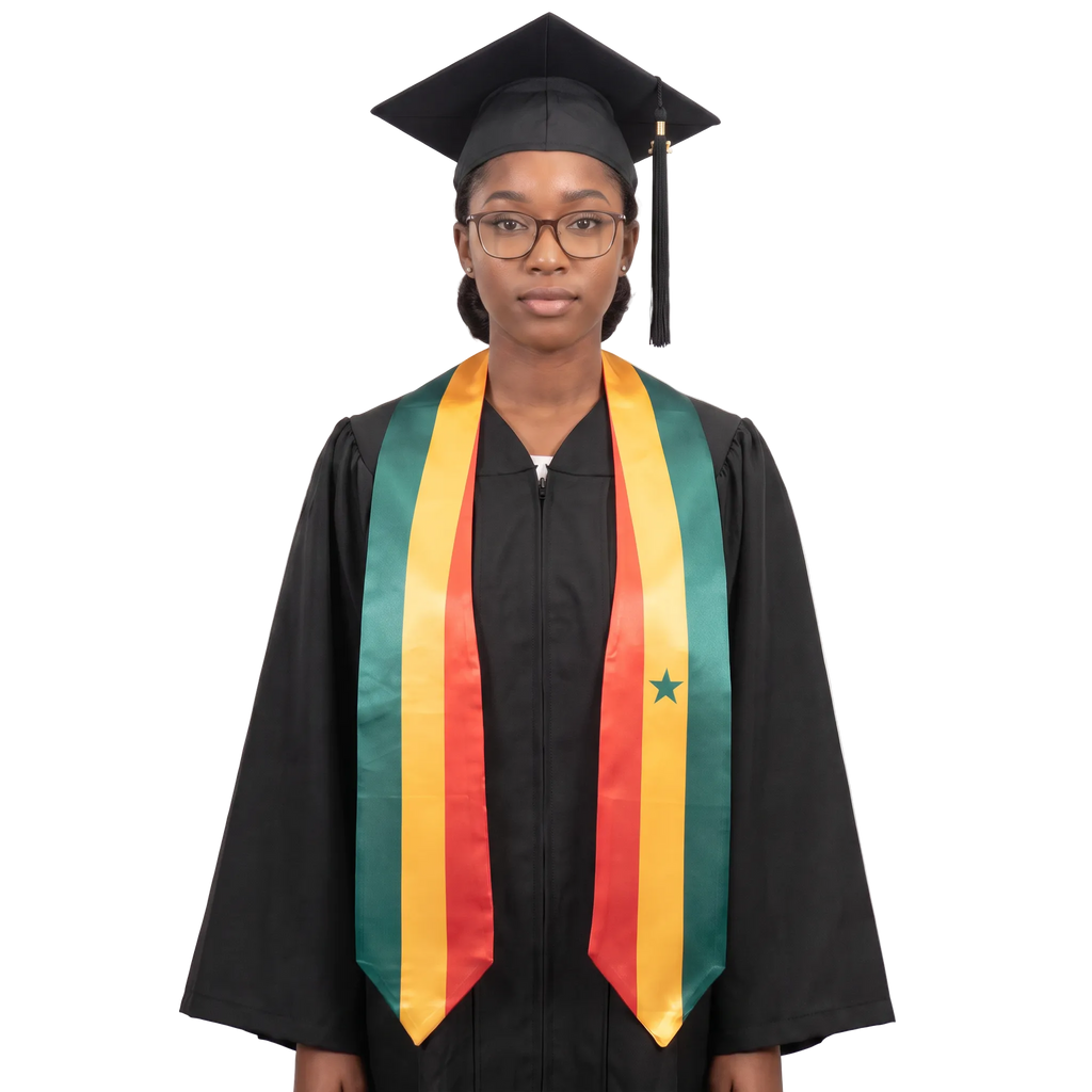 Senegal flag graduation stole with the Senegal flag design, worn as a graduation sash 
