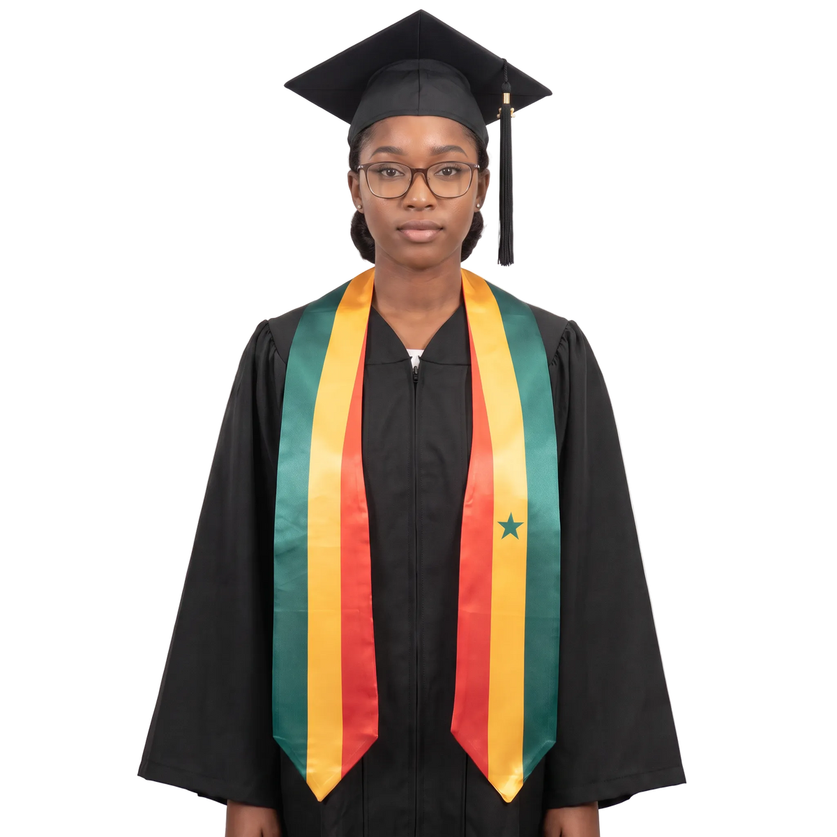 Senegal flag graduation stole with the Senegal flag design, worn as a graduation sash 