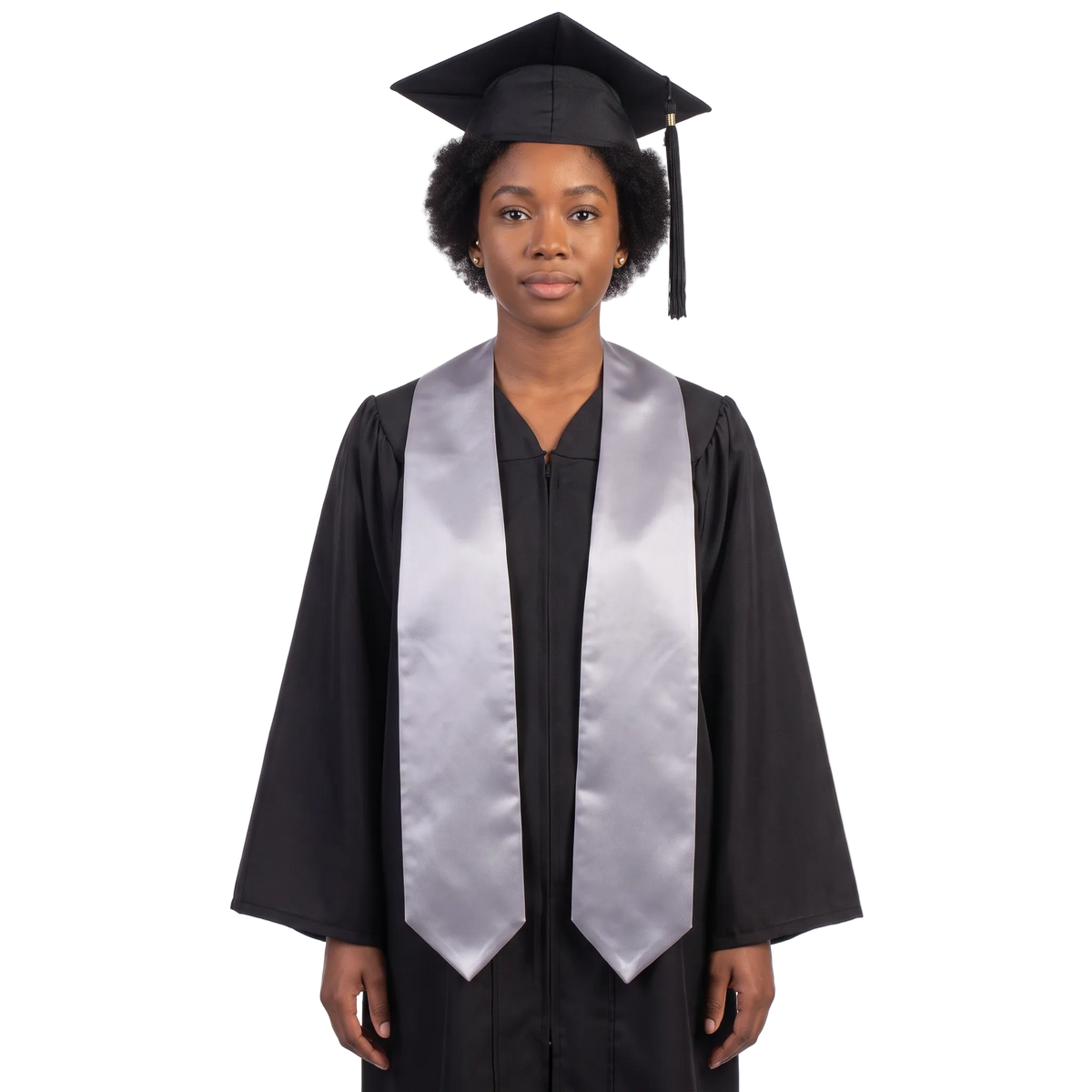 Plain silver graduation stole with a V-shaped neckline and pointed ends, shown against a white background.
