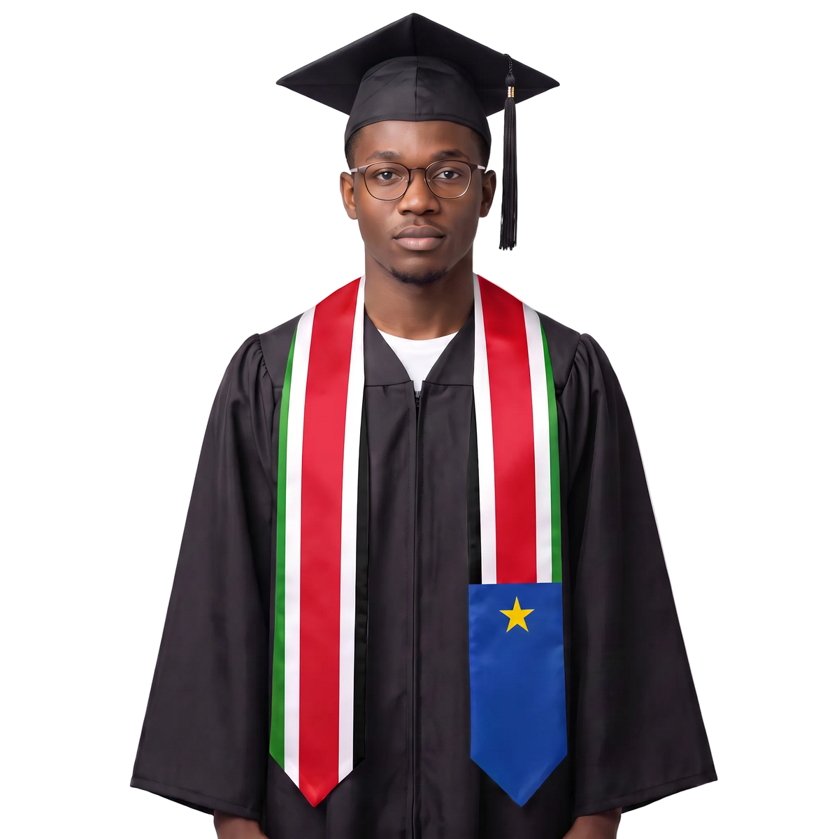 South Sudan flag graduation stole with the South Sudan flag design, worn as a graduation sash ·