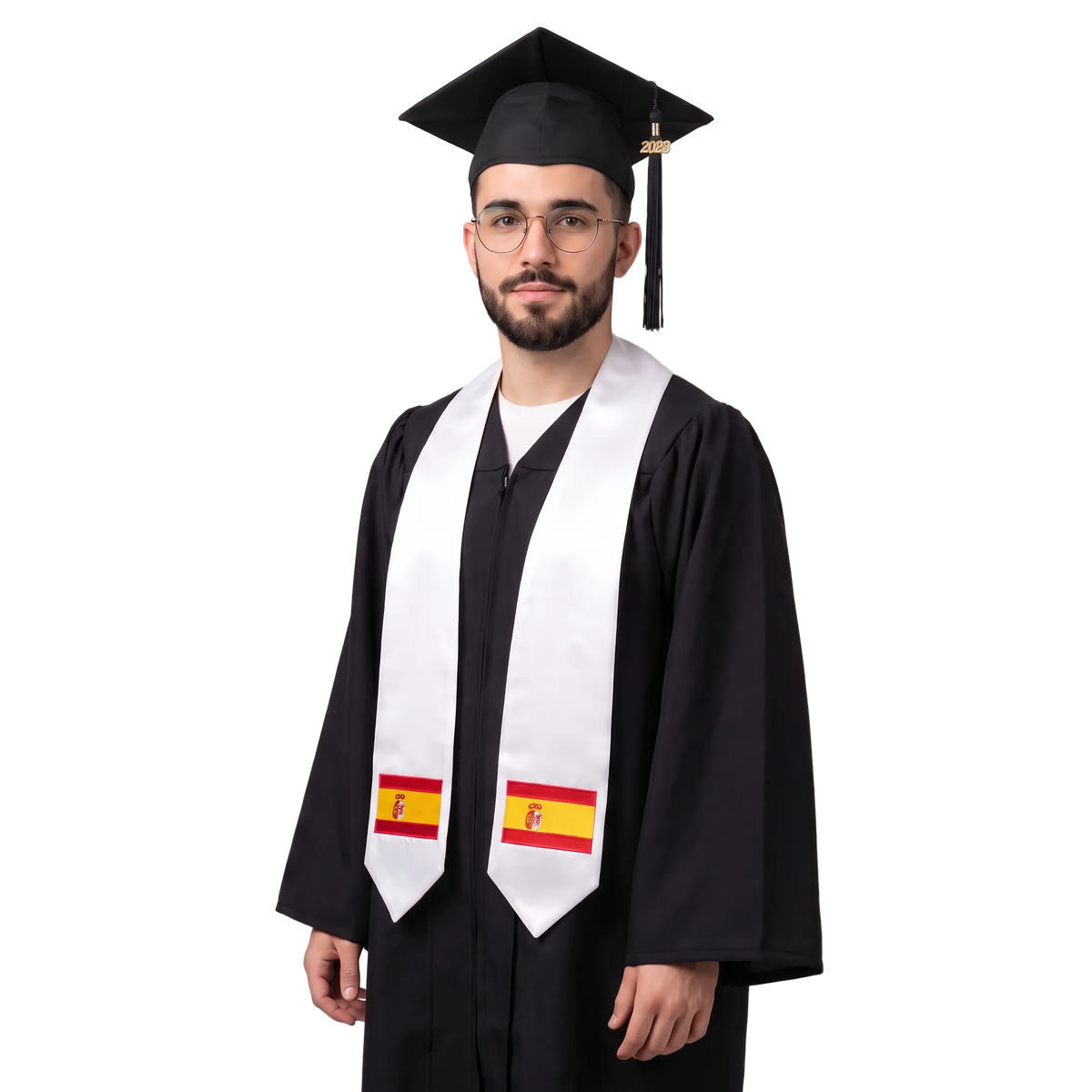 Spain flag graduation stole with an embroidered Spanish flag patch, worn as a graduation sash