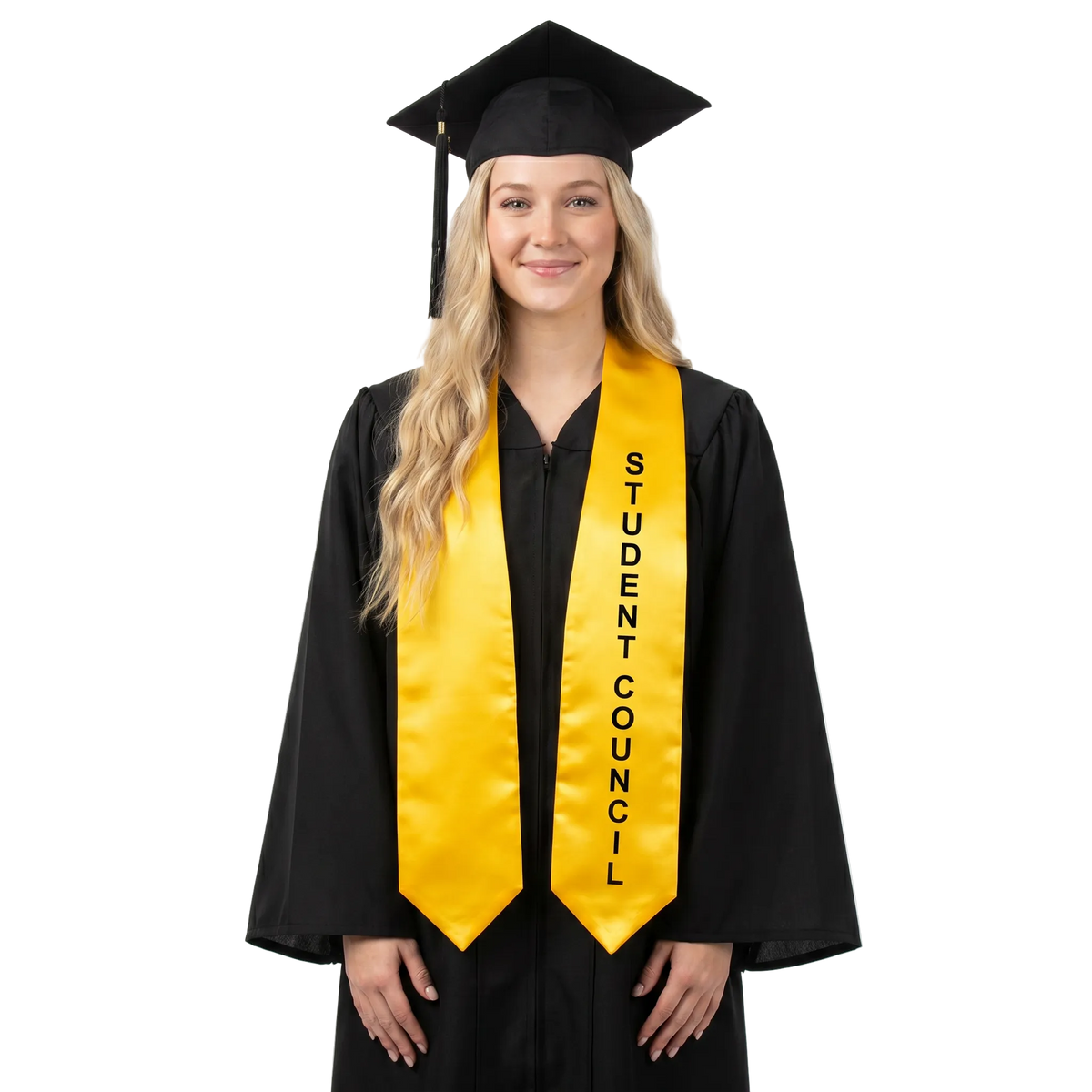 Gold satin Student Council class officer graduation stole with black lettering