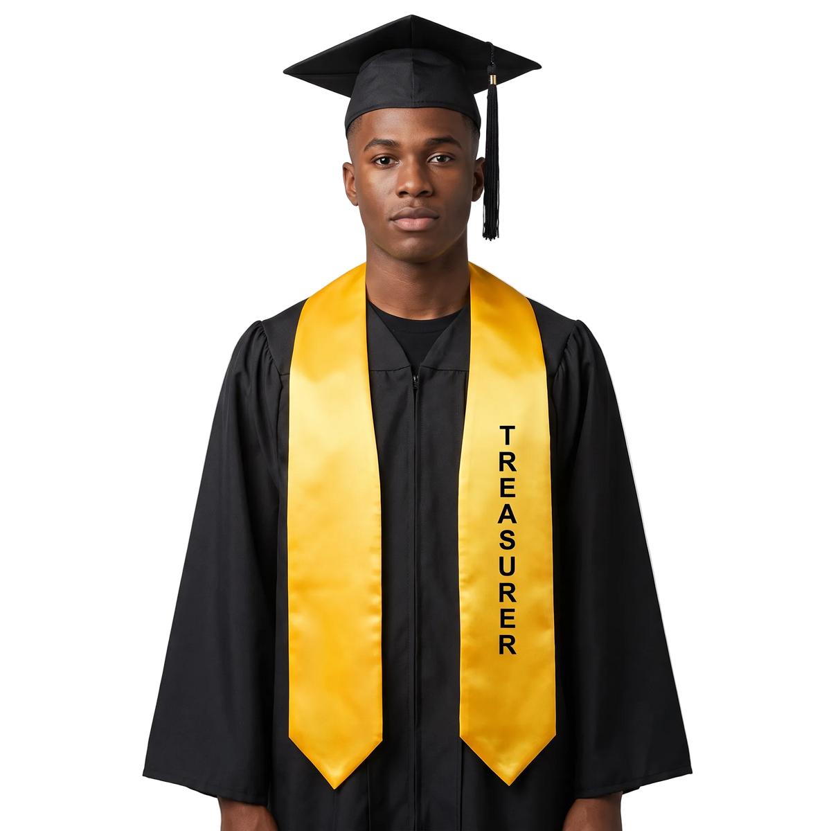 Gold Treasurer class officer graduation stole with black vertical TREASURER lettering on one side, a V-shaped neckline, and pointed ends.

