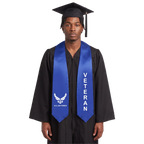 Royal blue U.S. Air Force veteran graduation stole with a white Air Force emblem on one side, vertical VETERAN lettering on the other, and pointed ends.
