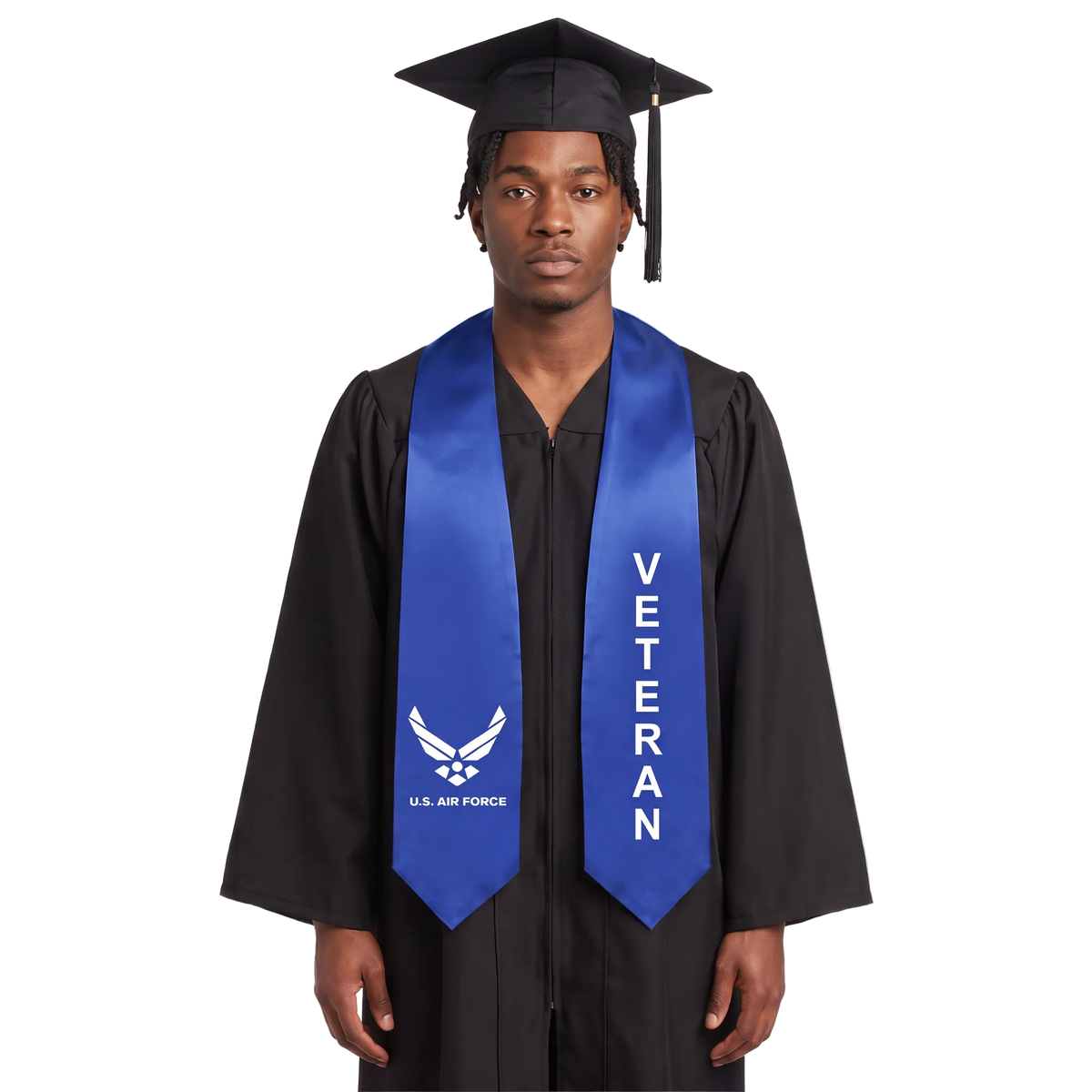 Royal blue U.S. Air Force veteran graduation stole with a white Air Force emblem on one side, vertical VETERAN lettering on the other, and pointed ends.
