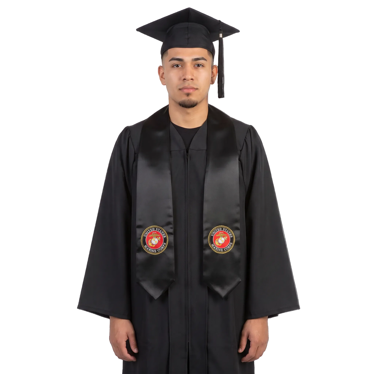 Black U.S. Marine Corps graduation stole with red and gold seal patches on both sides, a V-shaped neckline, and pointed ends.
