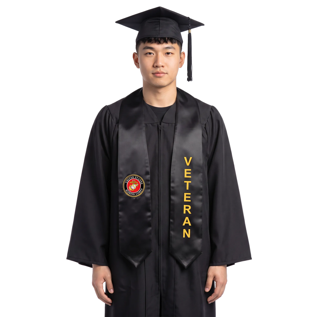 Black U.S. Marine Corps veteran graduation stole with a Marine Corps seal on one side, gold vertical VETERAN lettering on the other, and pointed ends.
