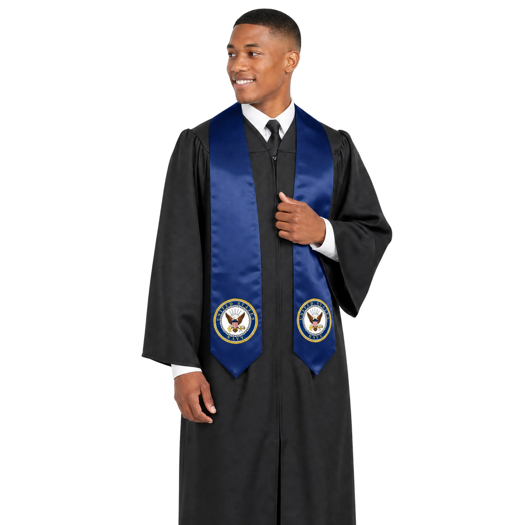 Navy blue U.S. Navy graduation stole.