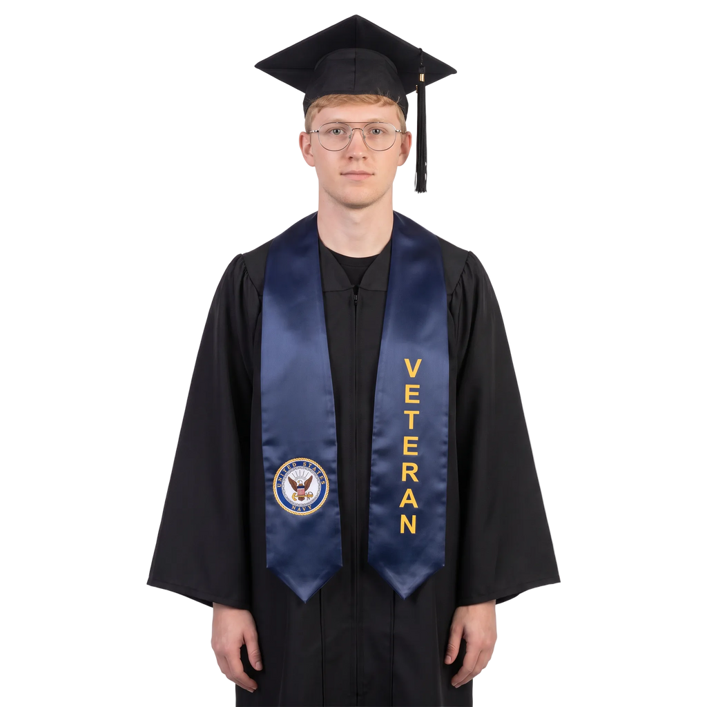 Navy blue U.S. Navy veteran graduation stole with a Navy seal on one side, gold vertical VETERAN lettering on the other, and pointed ends.
