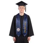 Navy blue U.S. Navy veteran graduation stole with a Navy seal on one side, gold vertical VETERAN lettering on the other, and pointed ends.
