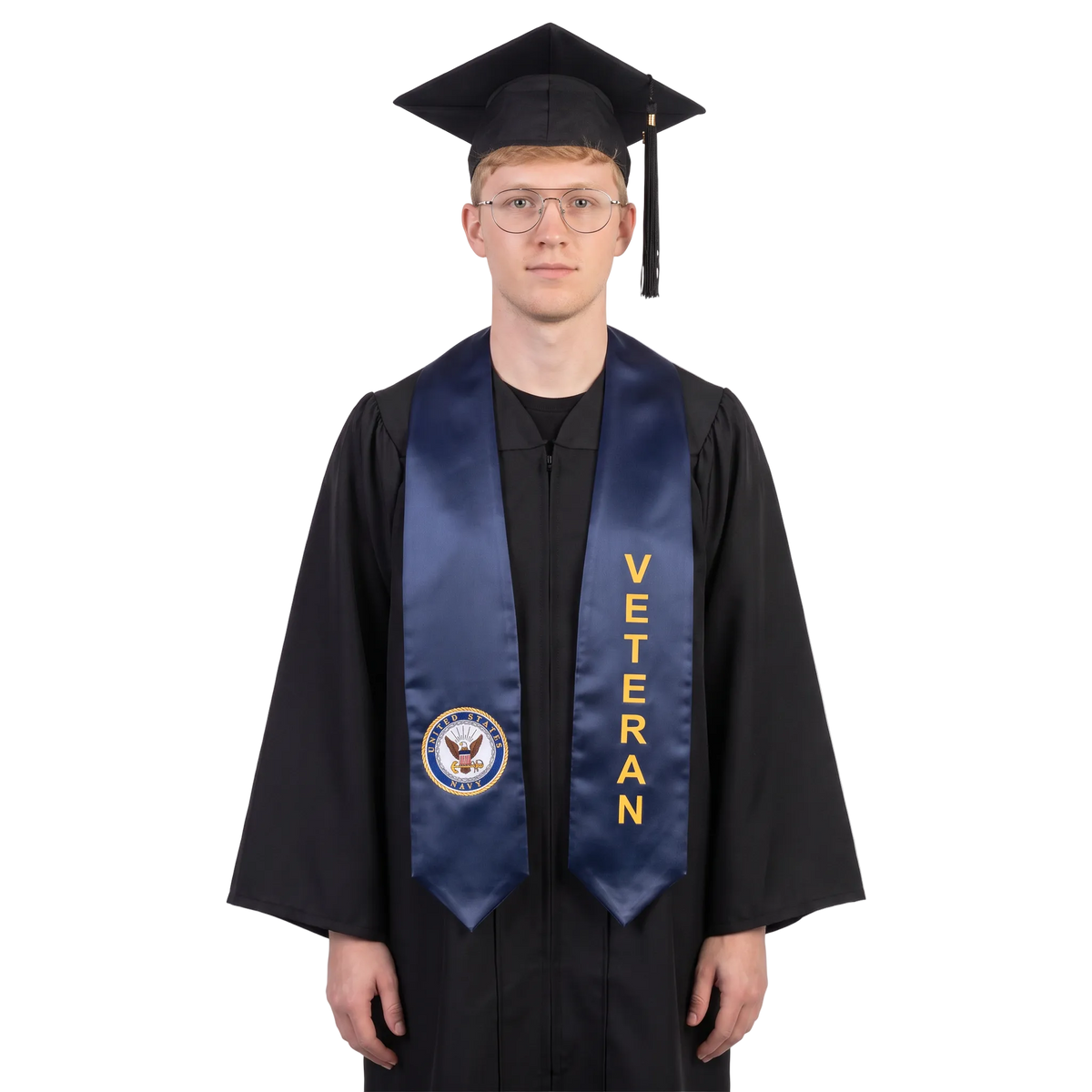 Navy blue U.S. Navy veteran graduation stole with a Navy seal on one side, gold vertical VETERAN lettering on the other, and pointed ends.
