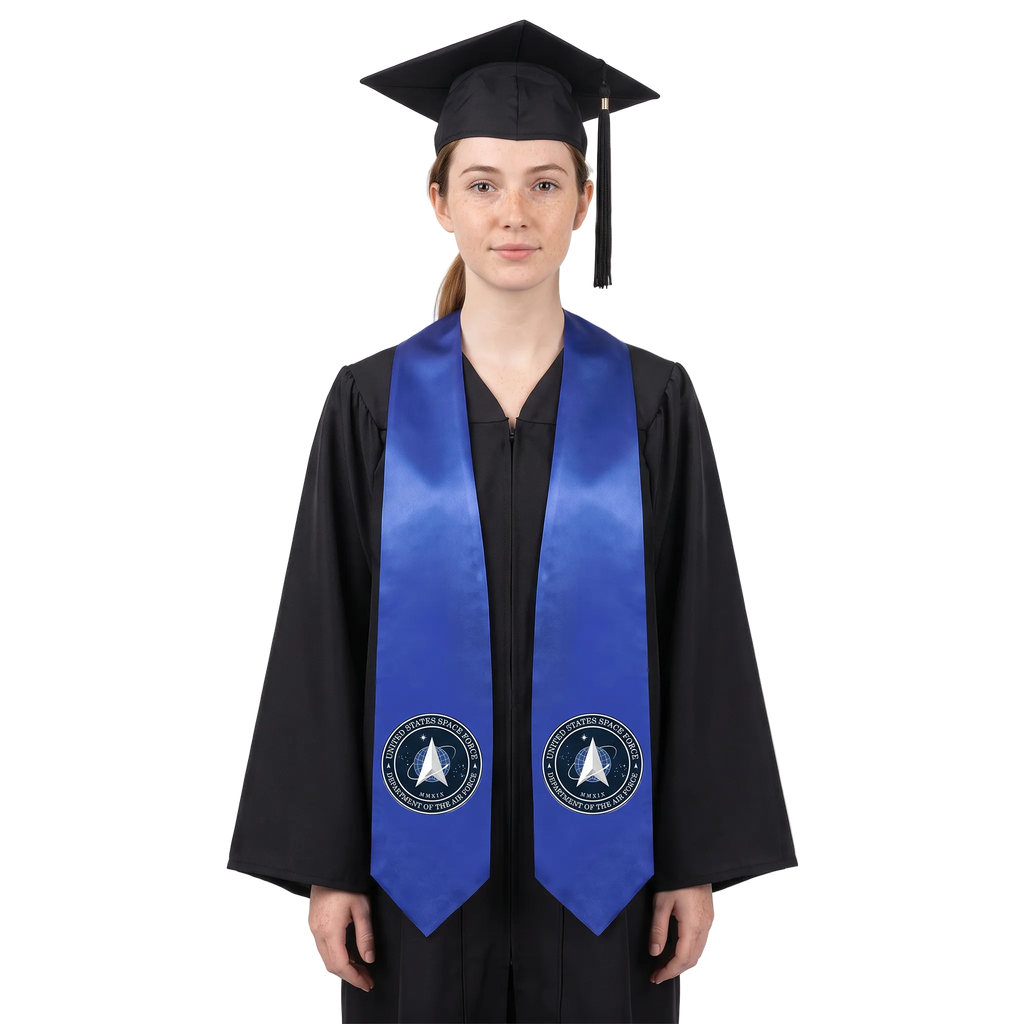 Royal blue U.S. Space Force graduation stole with circular Space Force seal patches on both sides, a V-shaped neckline, and pointed ends.
