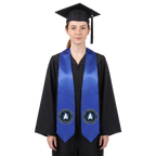 Royal blue U.S. Space Force graduation stole with circular Space Force seal patches on both sides, a V-shaped neckline, and pointed ends.
