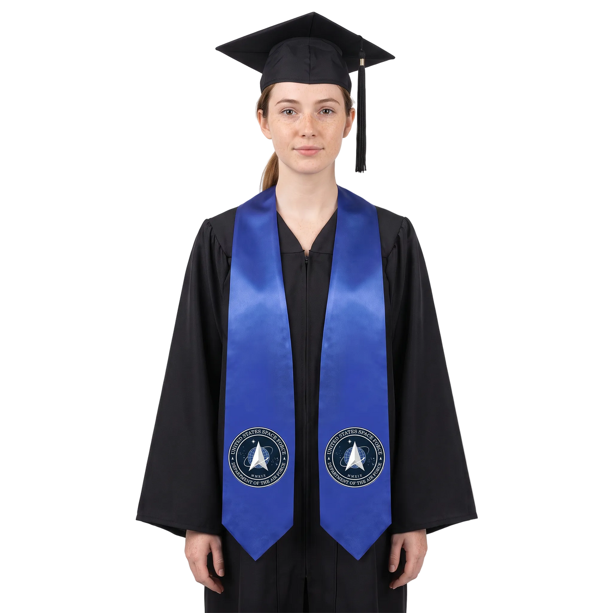 Royal blue U.S. Space Force graduation stole with circular Space Force seal patches on both sides, a V-shaped neckline, and pointed ends.

