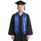 Royal blue U.S. Space Force veteran graduation stole with a Space Force seal on one side, white vertical VETERAN lettering on the other, and pointed ends.
