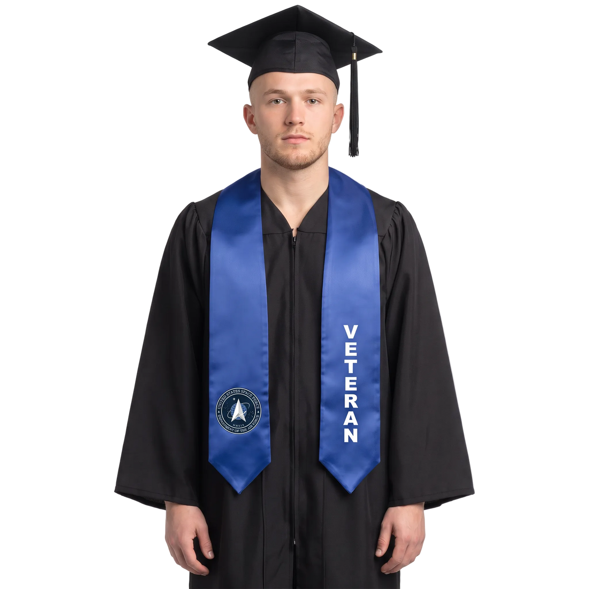 Royal blue U.S. Space Force veteran graduation stole with a Space Force seal on one side, white vertical VETERAN lettering on the other, and pointed ends.
