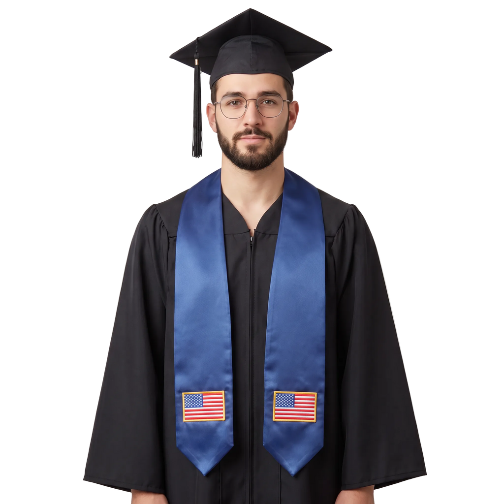 USA flag graduation stole with an embroidered American flag patch, worn as a graduation sash