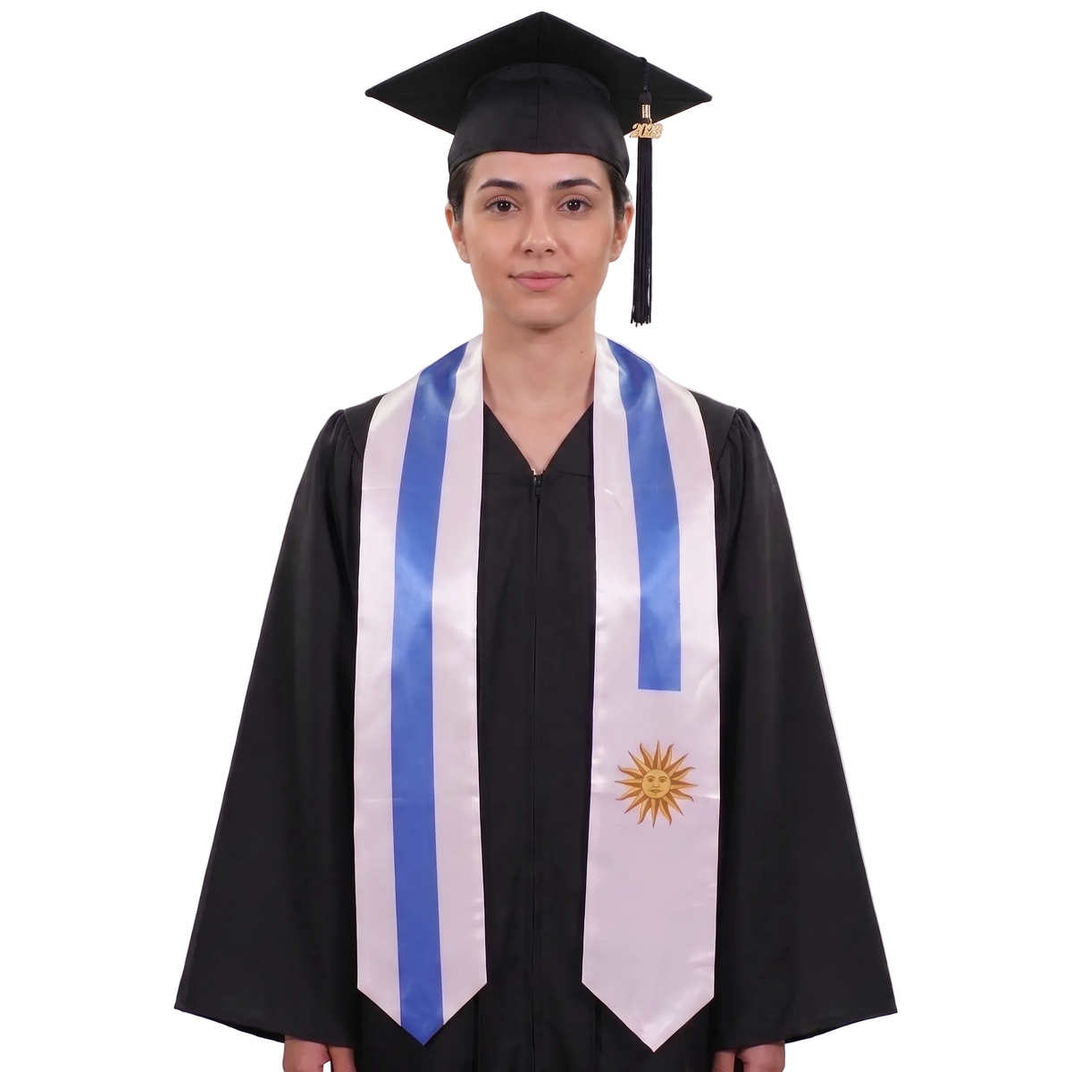 Uruguay flag graduation stole with the Uruguay flag design, worn as a graduation sash 