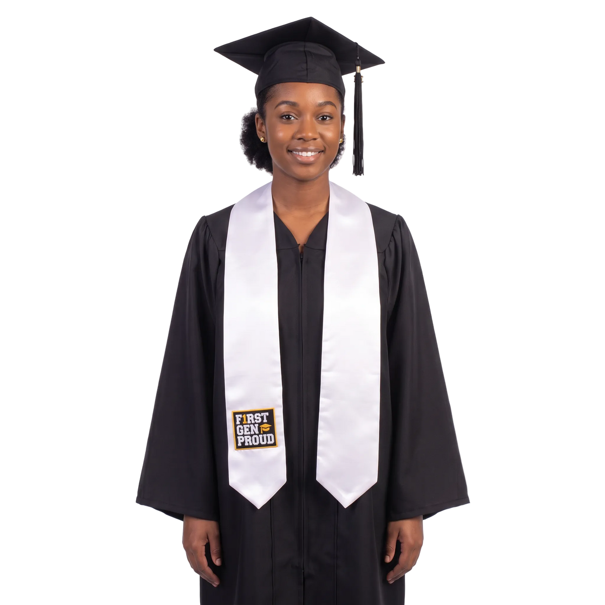 White First Gen Proud graduation stole with a black and gold patch on one side and pointed ends, displayed on a wooden hanger.
