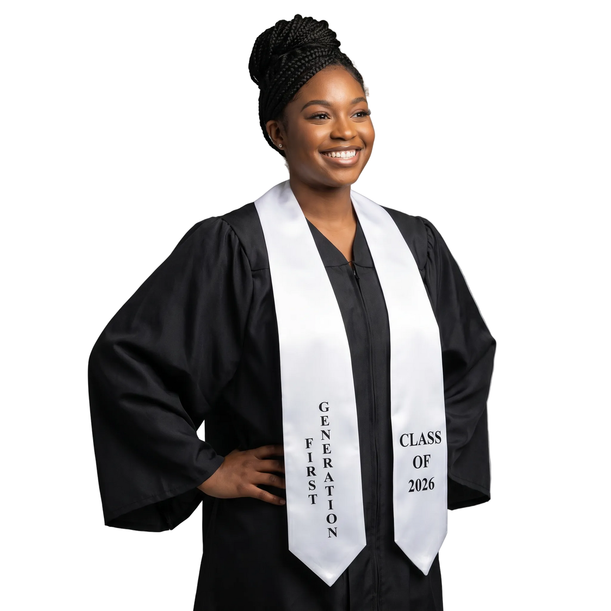 Person wearing a white First Generation 2026 graduation stole