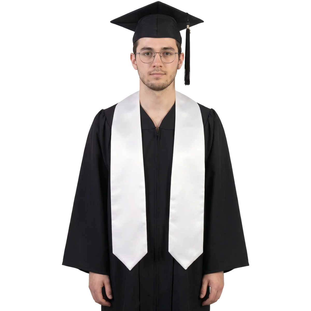 Plain white graduation stole with a V-shaped neckline and pointed ends, shown against a white background.
