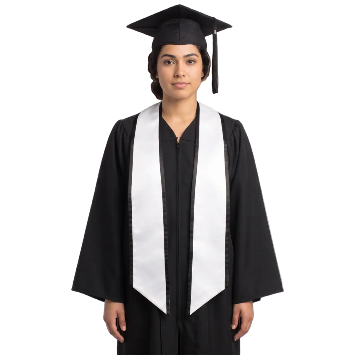 White graduation stole with black trim along the edges, a V-shaped neckline, and slanted ends.
