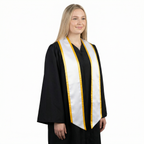 White slanted graduation stole with gold trim and angled ends, shown against a white background.