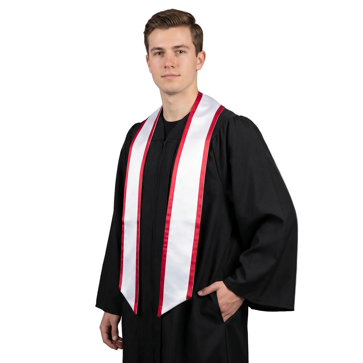White slanted graduation stole with red trim and angled ends, shown against a white background.