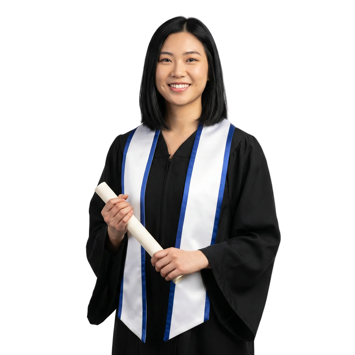White slanted graduation stole with royal blue trim and angled ends, shown against a white background.