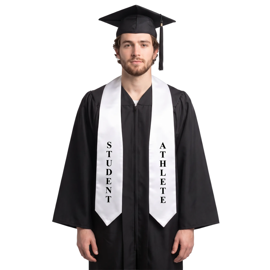 White graduation stole with black STUDENT and ATHLETE lettering down opposite sides, a V-shaped neckline, and pointed ends.
