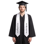 White graduation stole with black STUDENT and ATHLETE lettering down opposite sides, a V-shaped neckline, and pointed ends.
