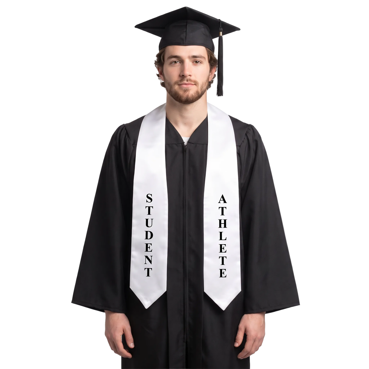 White graduation stole with black STUDENT and ATHLETE lettering down opposite sides, a V-shaped neckline, and pointed ends.
