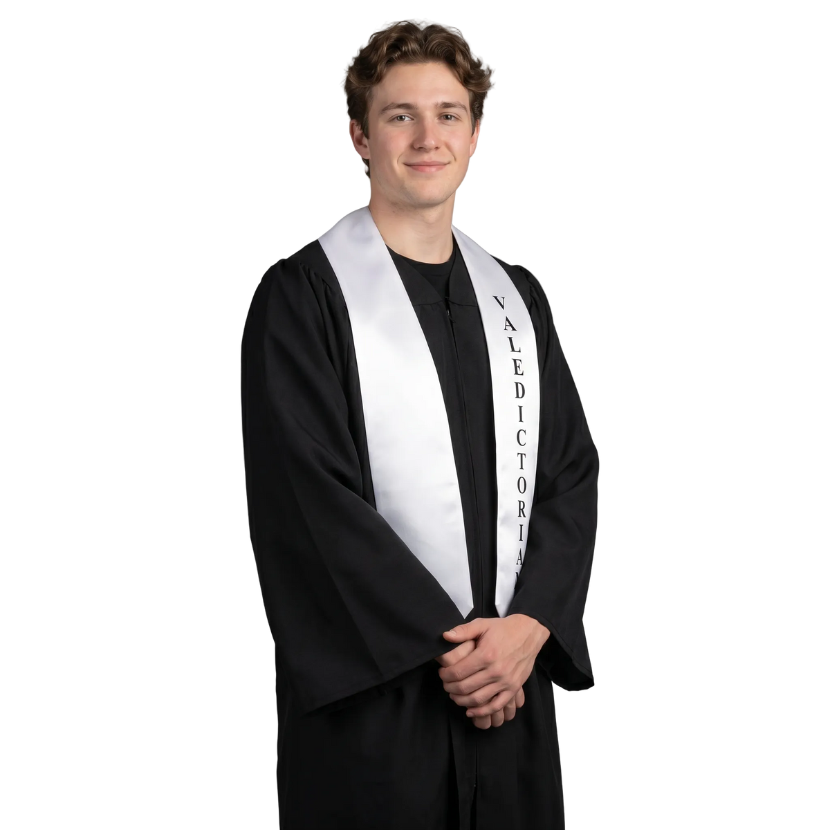 White Valedictorian graduation stole with black lettering for high school and college ceremony