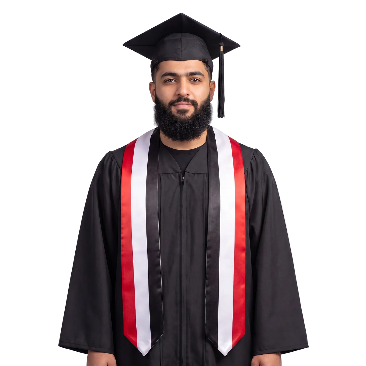Yemen flag graduation stole with the Yemen flag design, worn as a graduation sash