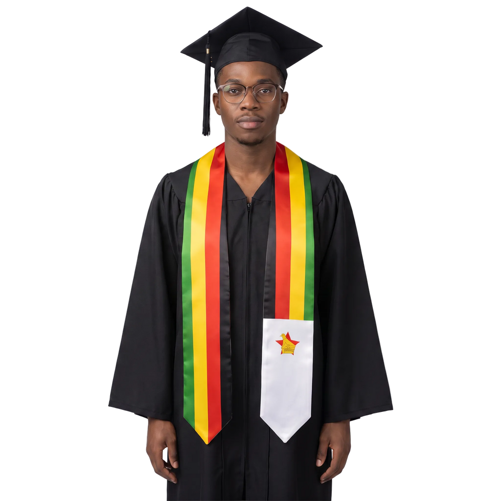Zimbabwe flag graduation stole with the Zimbabwe flag design, worn as a graduation sash