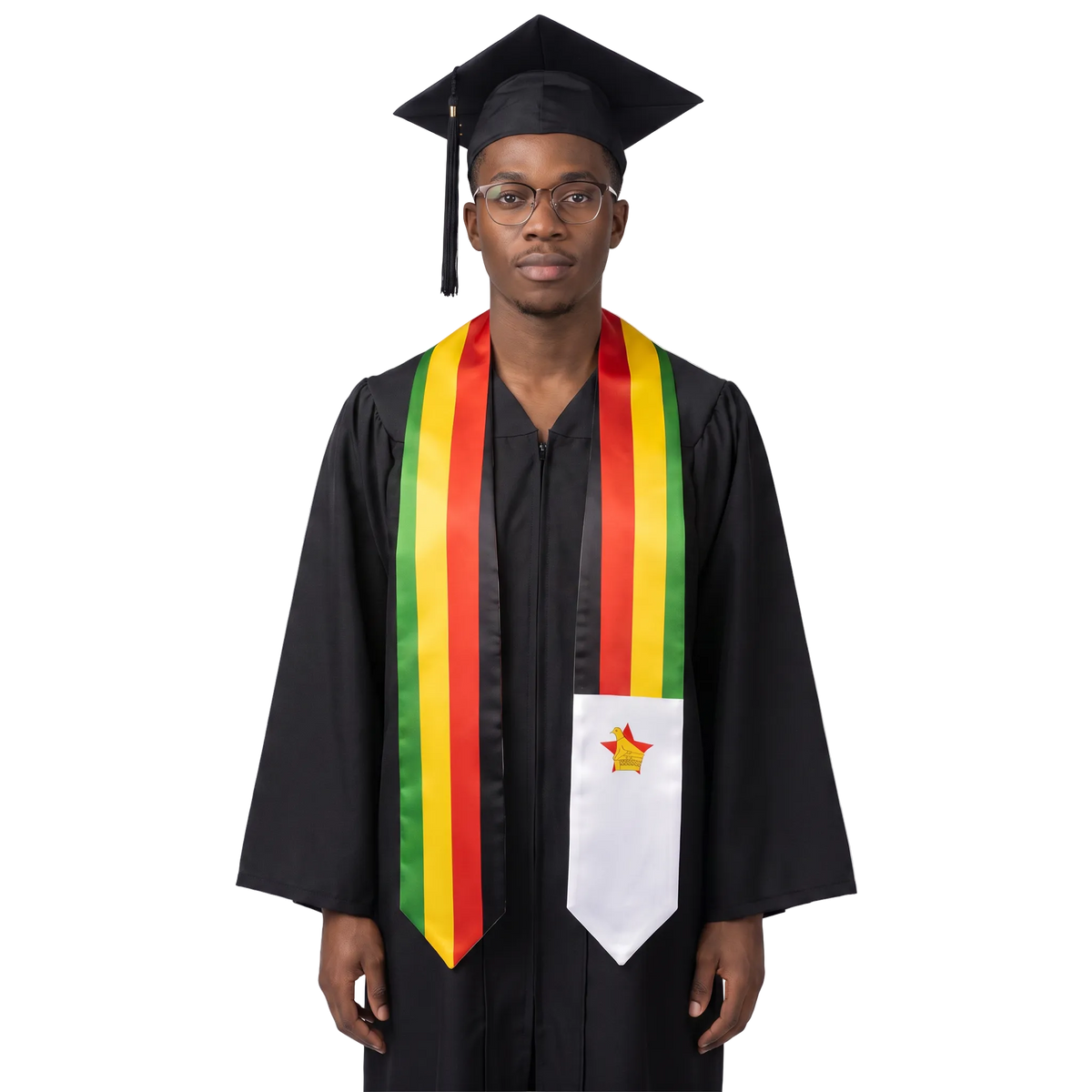 Zimbabwe flag graduation stole with the Zimbabwe flag design, worn as a graduation sash