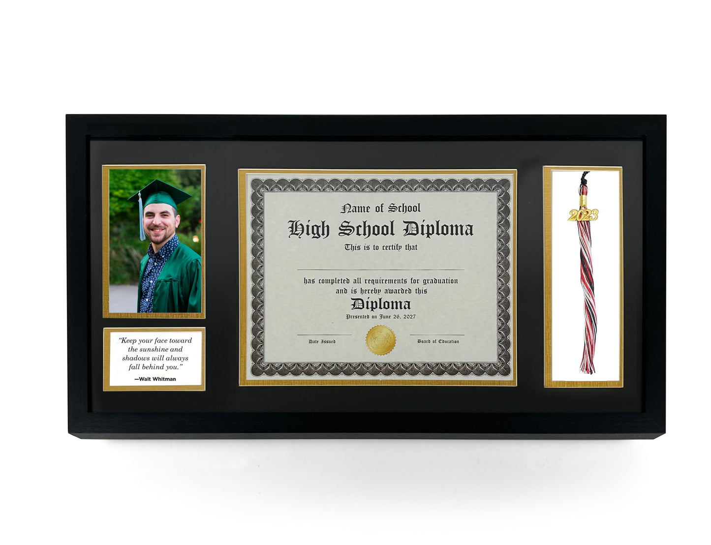 Protective Diploma Frame with Tassel Holder, Double Mat, UV Protection, for 8.5 x 11 Certificate and 4 x 6 Photo Display