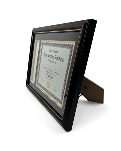 Real Wood Glossy Cherry Diploma Frame with Tassel Holder and Gold Trim - Fits 8.5 x 11 Certificate - Graduation Cap and Gown