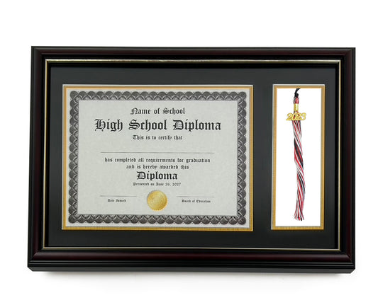 Real Wood Glossy Cherry Diploma Frame with Tassel Holder and Gold Trim - Fits 8.5 x 11 Certificate