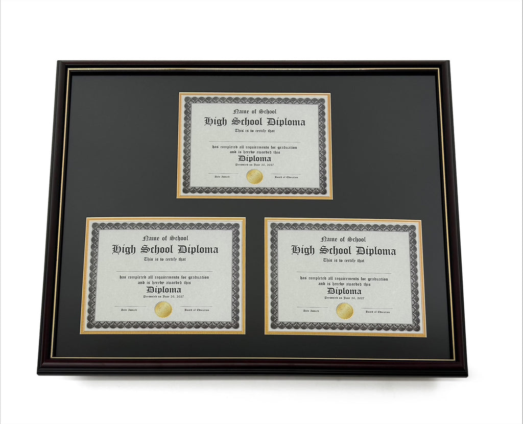 Real Wood Cherry Triple Diploma Frame with Gold Trim - Fits 8.5" x 11" Certificates