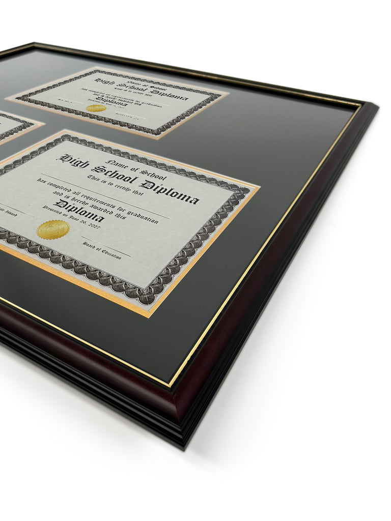 Real Wood Cherry Triple Diploma Frame with Gold Trim - Fits 8.5" x 11" Certificates