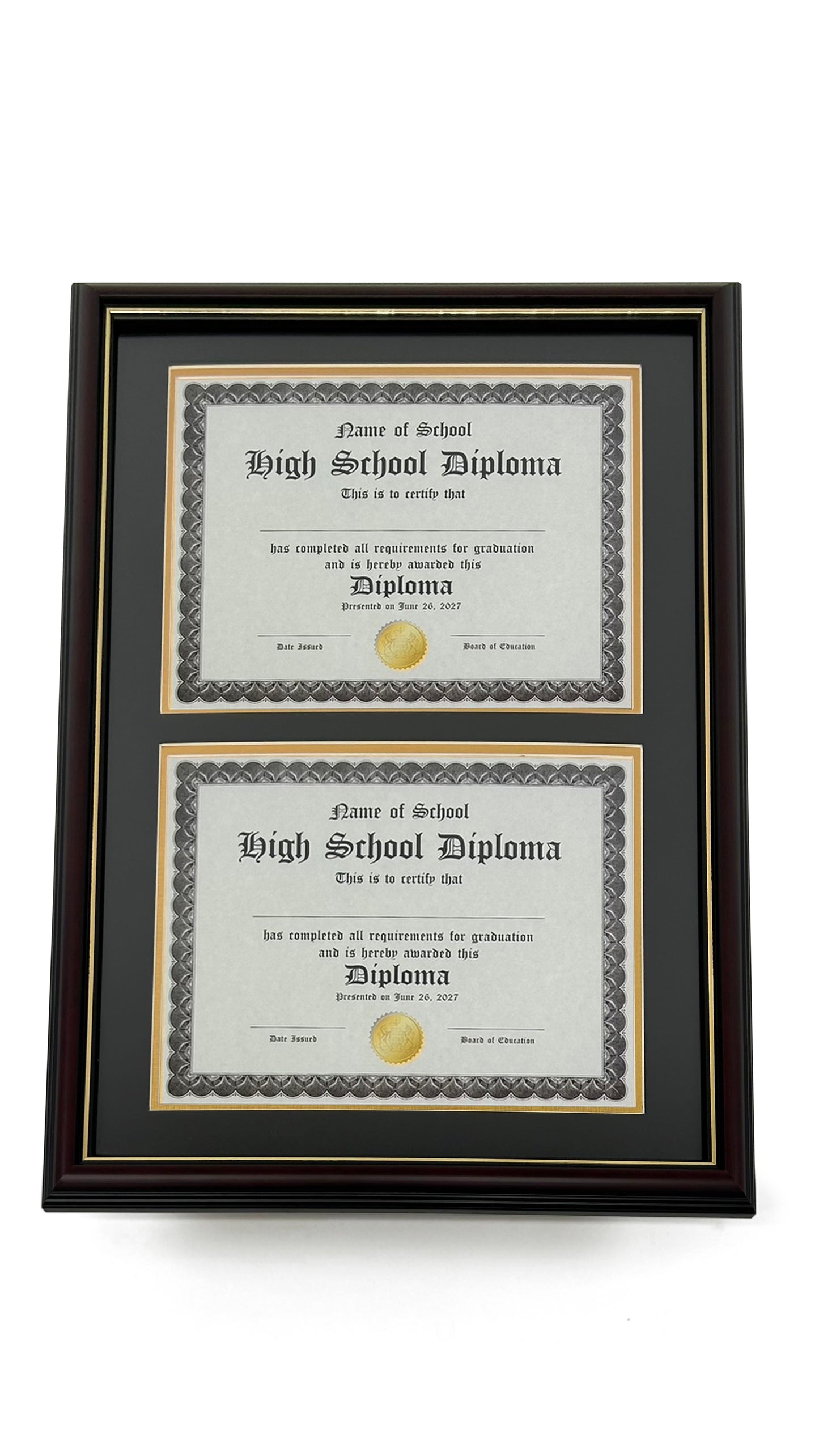 Real Wood Double Diploma Frame - Fits 8.5" x 11" Certificates, Glossy Cherry Finish with Gold Trim